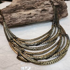 Brass Toned Bib Collar Statement Necklace